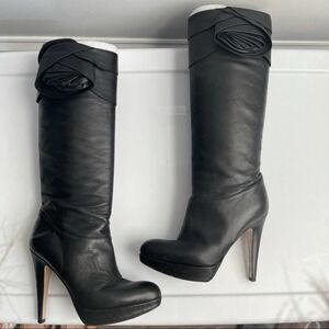 Valentino Garavani black leather floral applique tall platform heel boots size 5